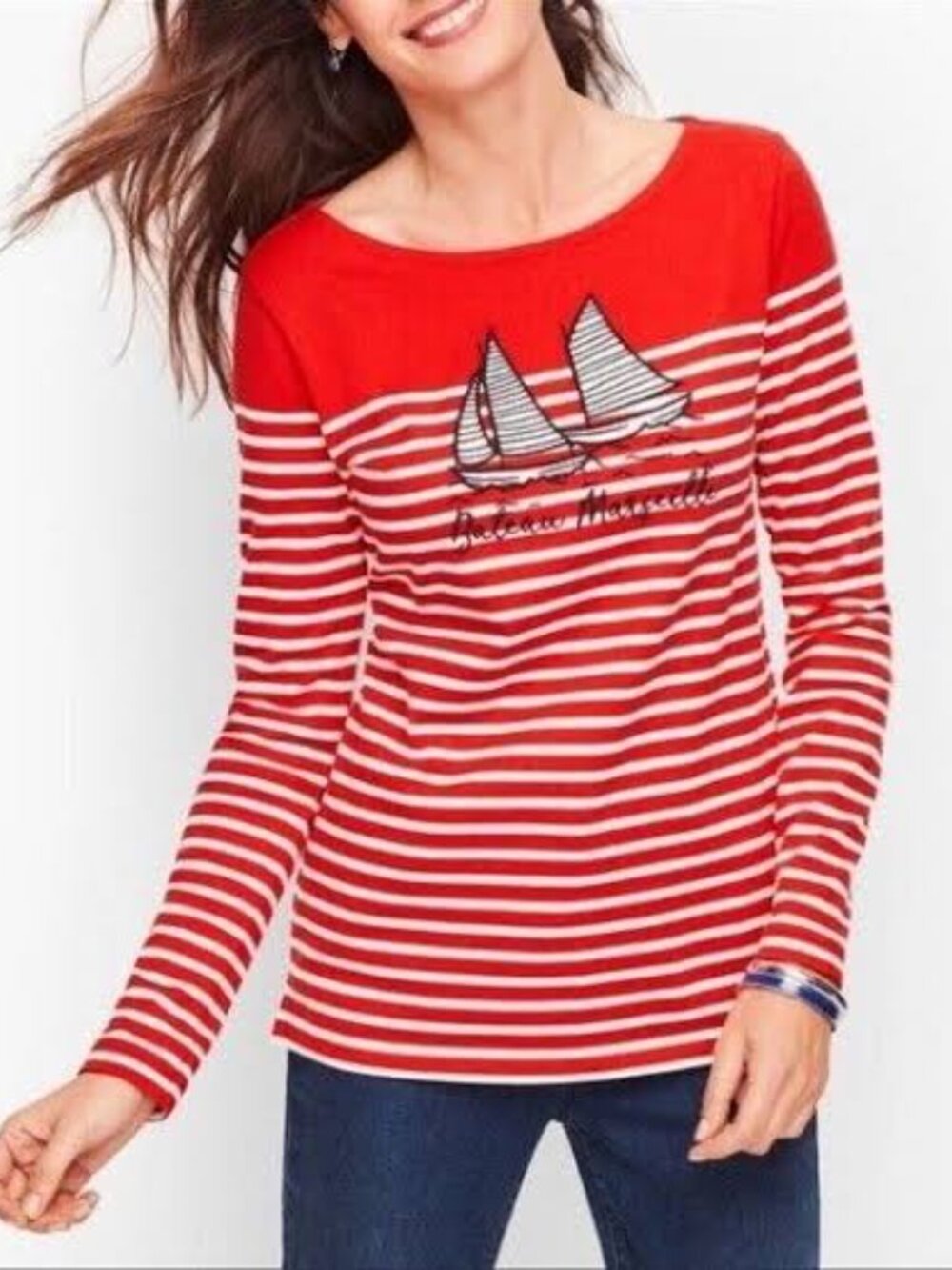 Talbots Red Striped Bateau Marseille Authentic Cotton Tee Size S NWT